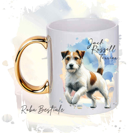 Tazza BEHAVIOR - JACK RUSSELL TERRIER a Pelo RUVIDO Bianco Fulvo - Standard FCI - In Ceramica, con manico dorato - 330 ml