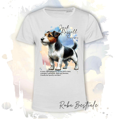 T-Shirt BEHAVIOR - JACK RUSSELL TERRIER a Pelo RUVIDO Tricolor - Standard FCI - 100% Cotone, Bianca, Uomo o Donna - dalla XS alla 5XL