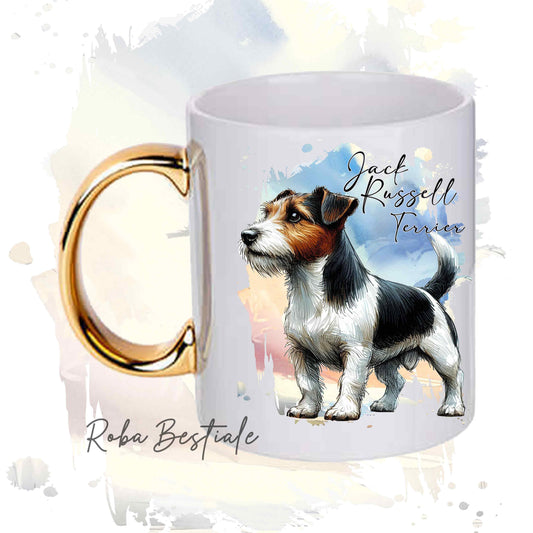 Tazza BEHAVIOR - JACK RUSSELL TERRIER a Pelo RUVIDO Tricolor - Standard FCI - In Ceramica, con manico dorato - 330 ml