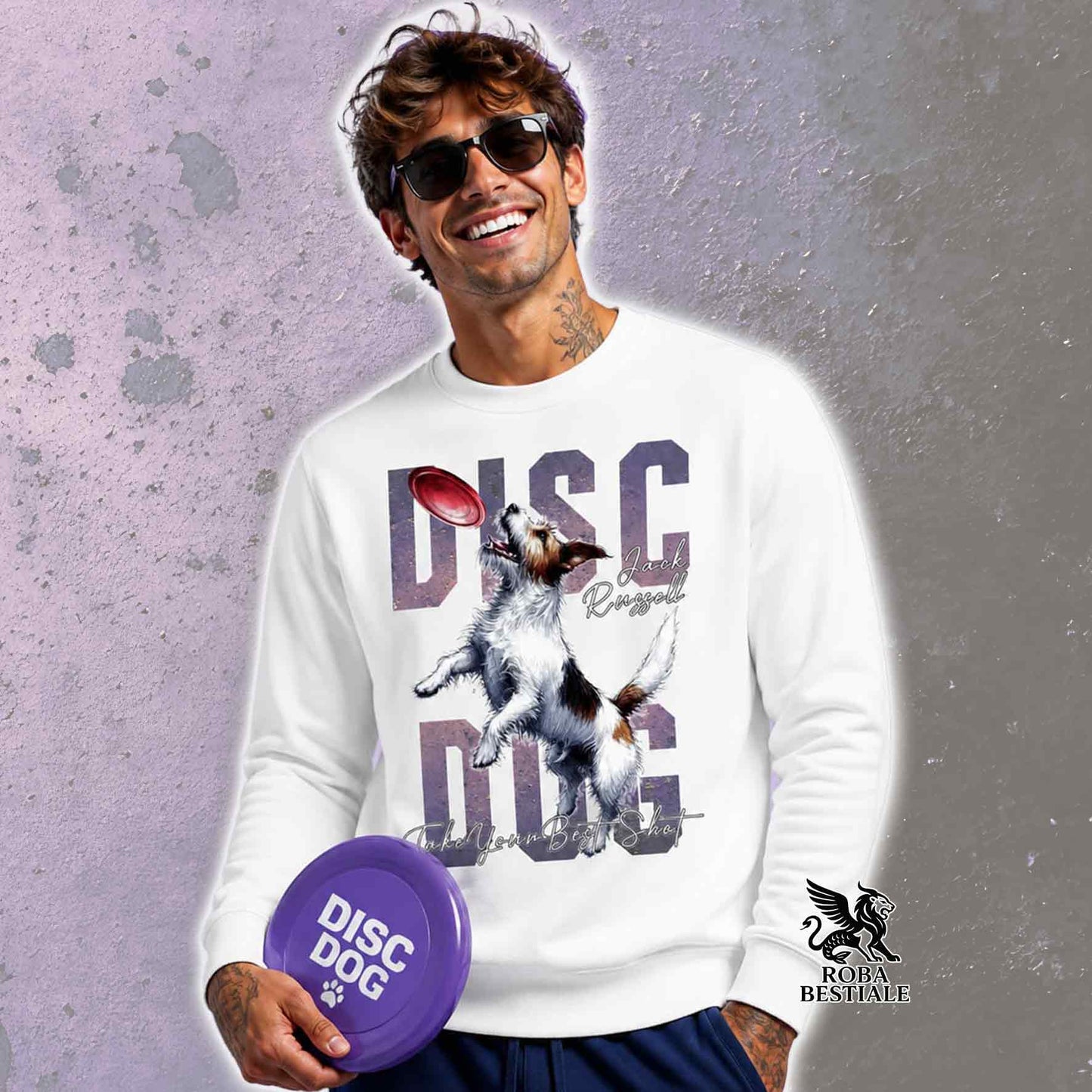 Winter Sweatshirt APTITUDE - DISC DOG - JACK RUSSELL TERRIER Rough Tricolor - Crew Neck, Unisex, color of your choice - from XS to 3XL