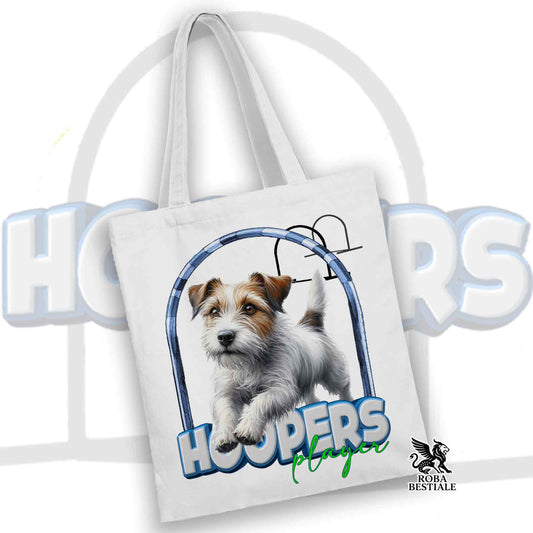 Tote Bag HOOPERS Player - JACK RUSSELL TERRIER a Pelo Ruvido - 100% Cotone - Bianca o Beige