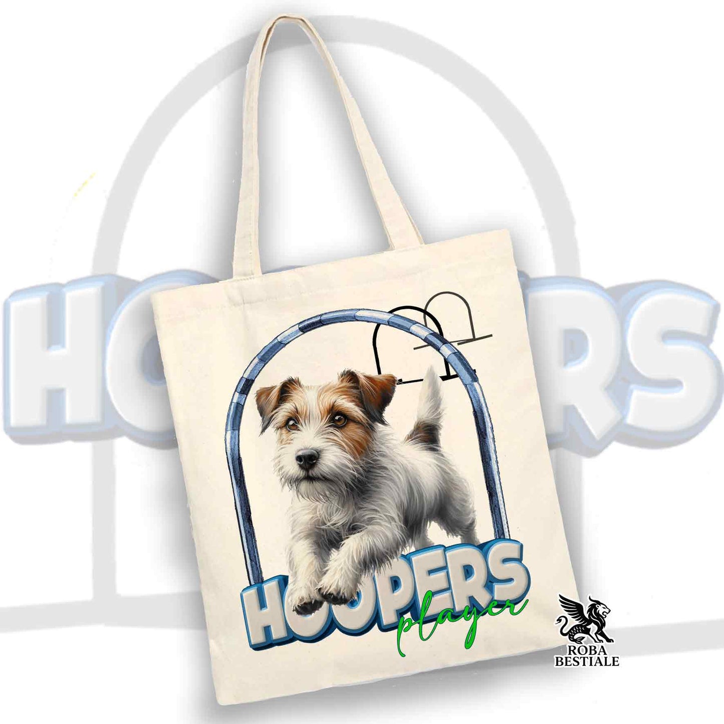 Tote Bag HOOPERS Player - JACK RUSSELL TERRIER a Pelo Ruvido - 100% Cotone - Bianca o Beige