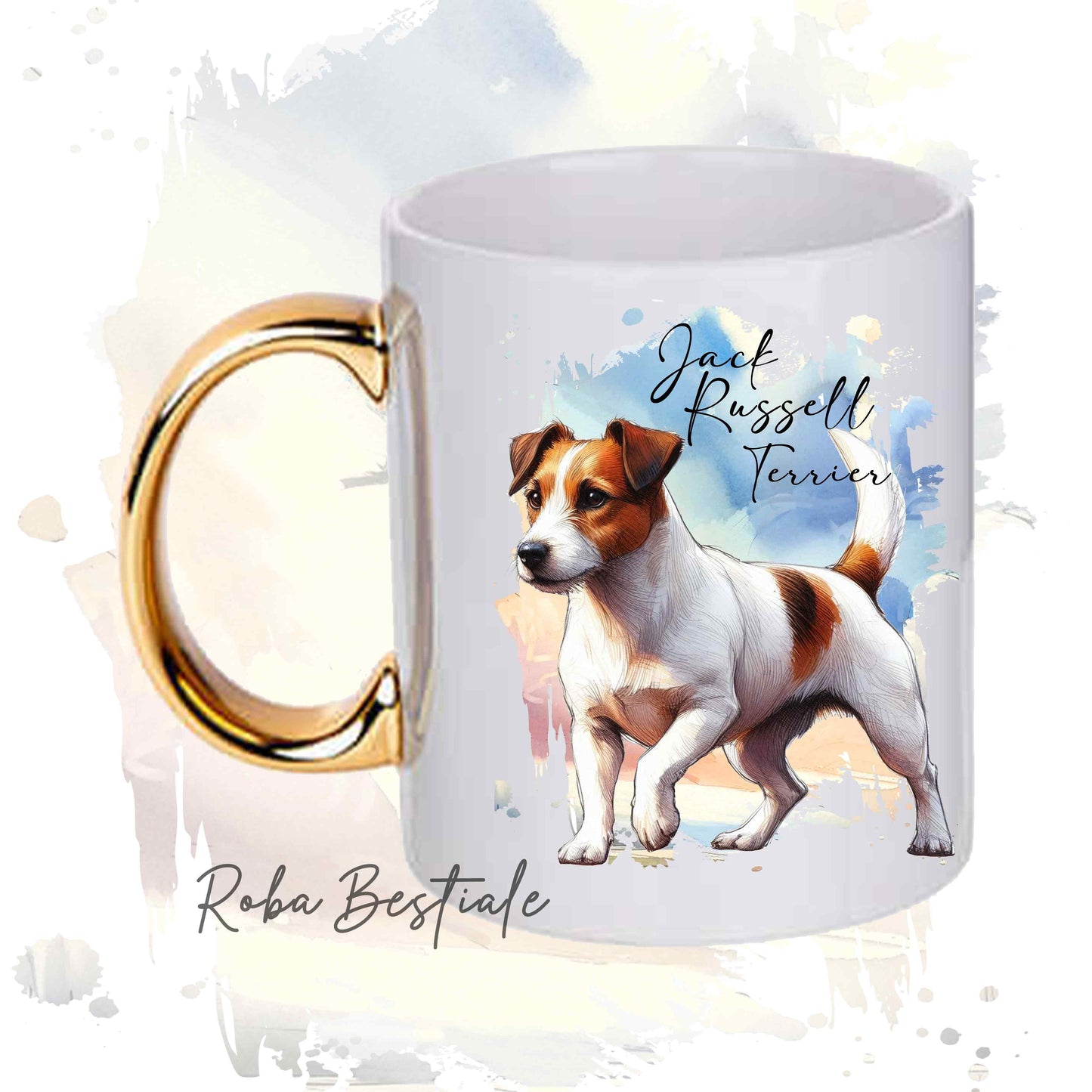 Tazza BEHAVIOR - JACK RUSSELL TERRIER SMOOTH Bianco Fulvo - Standard FCI - In Ceramica, con manico dorato - 330 ml