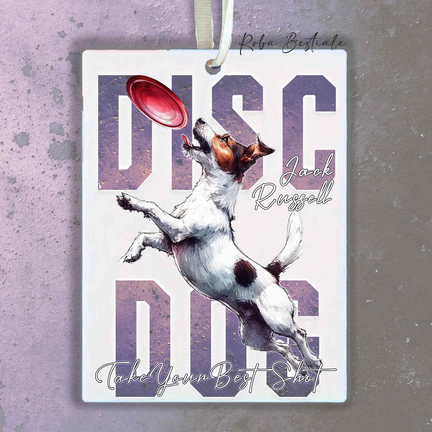 Deodorante Auto APTITUDE - DISC DOG - JACK RUSSELL TERRIER Smooth - In Feltro, con cordino - 7,5 x 10 cm