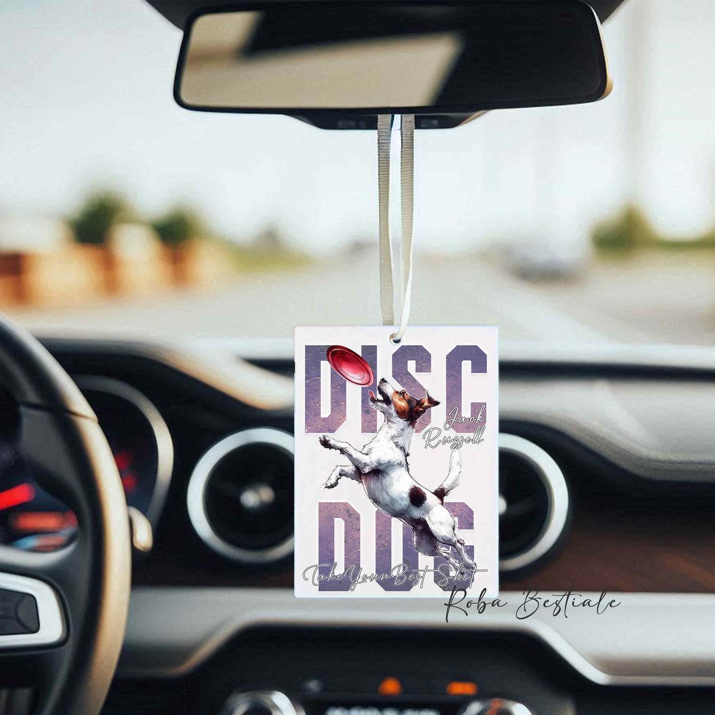 Deodorante Auto APTITUDE - DISC DOG - JACK RUSSELL TERRIER Smooth - In Feltro, con cordino - 7,5 x 10 cm