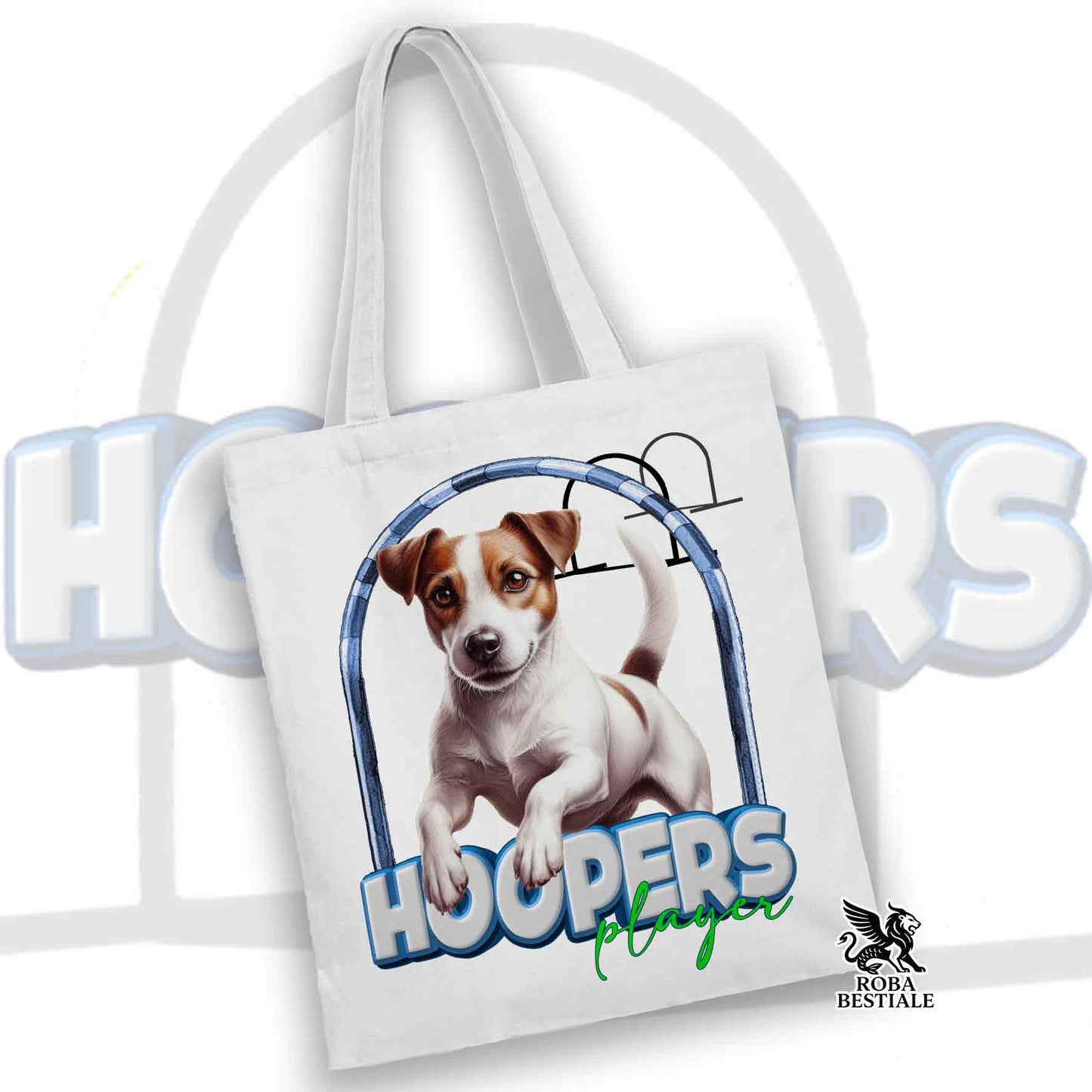 Tote Bag HOOPERS Player - JACK RUSSELL TERRIER Smooth - 100% Cotone - Bianca o Beige