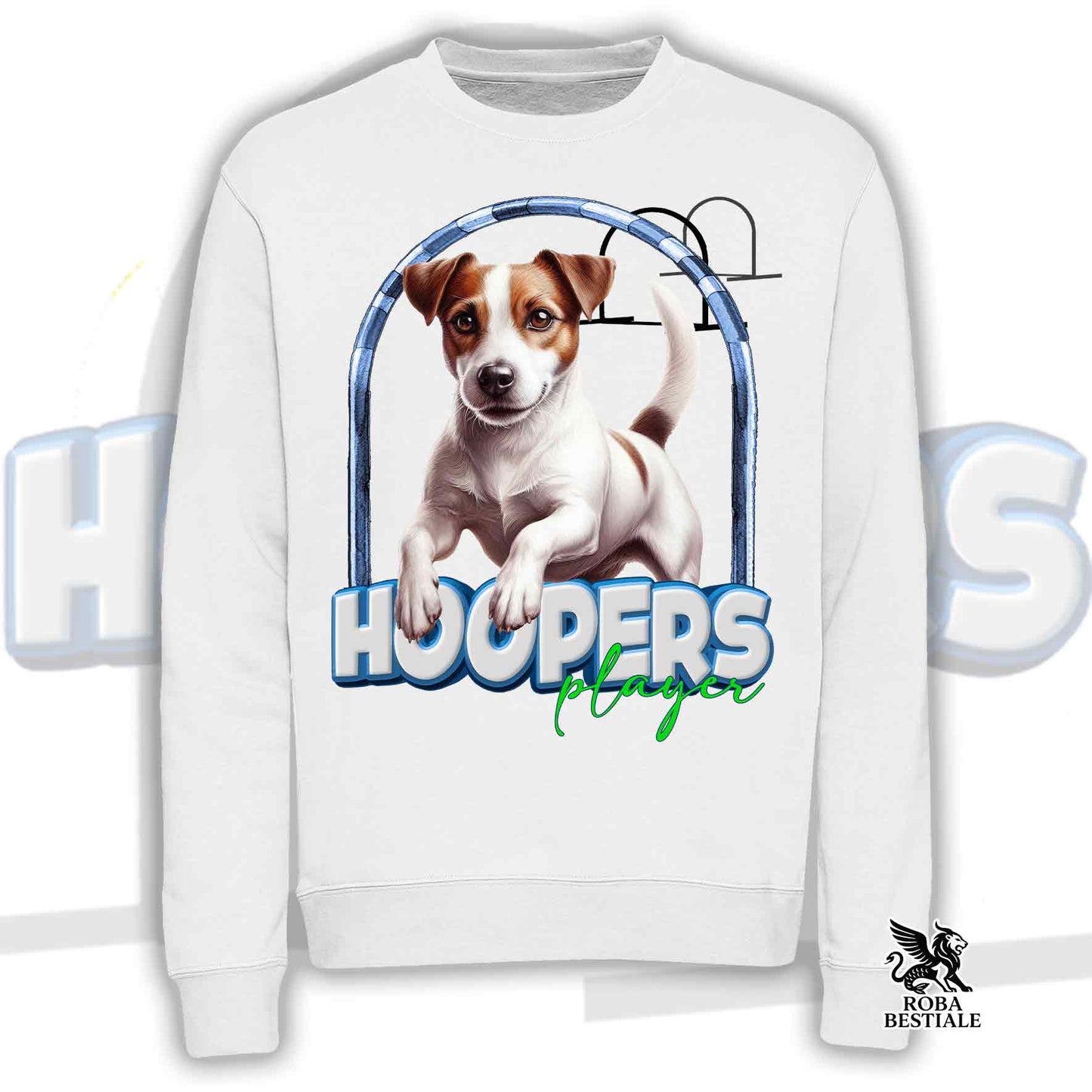Sweat HOOPERS Player - JACK RUSSELL TERRIER Smooth - Col rond, Unisexe - Blanc ou Beige - du XS au 3XL