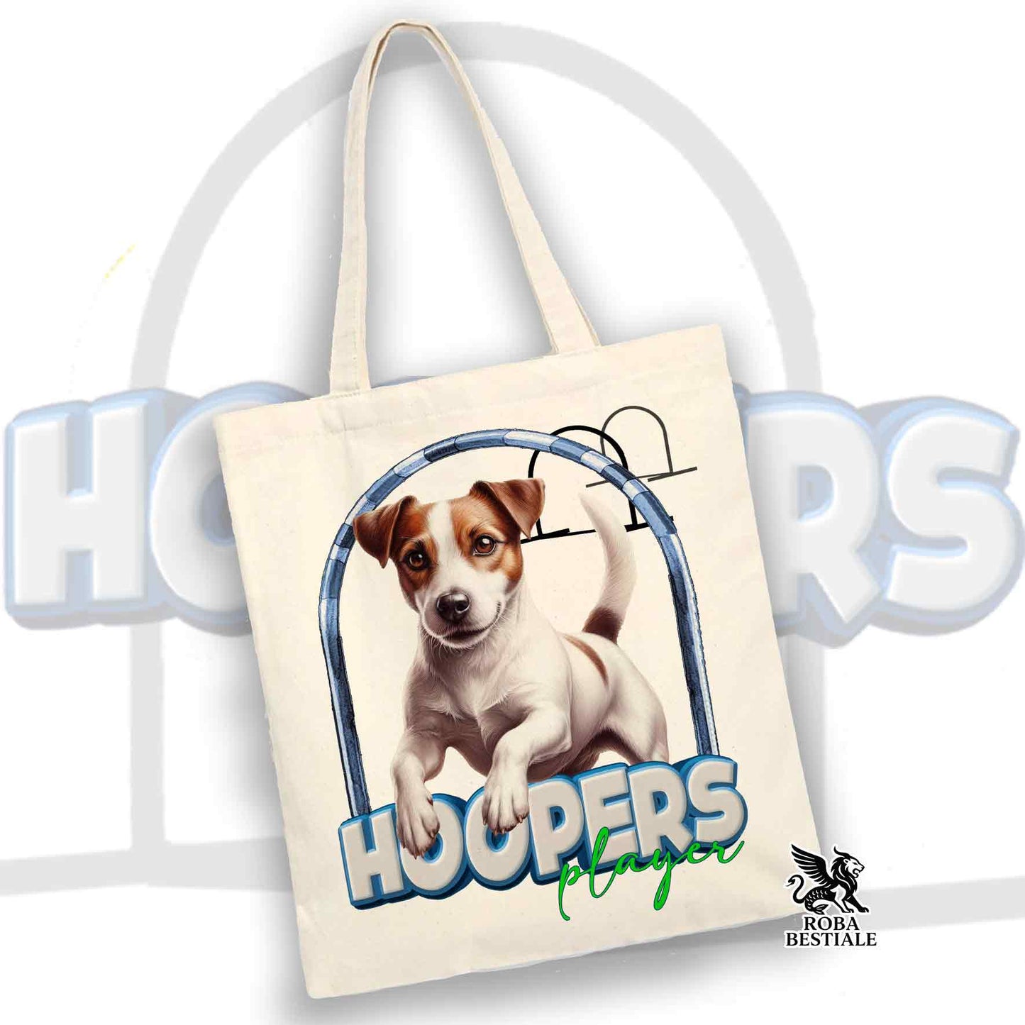 Tote Bag HOOPERS Player - JACK RUSSELL TERRIER Smooth - 100% Cotone - Bianca o Beige