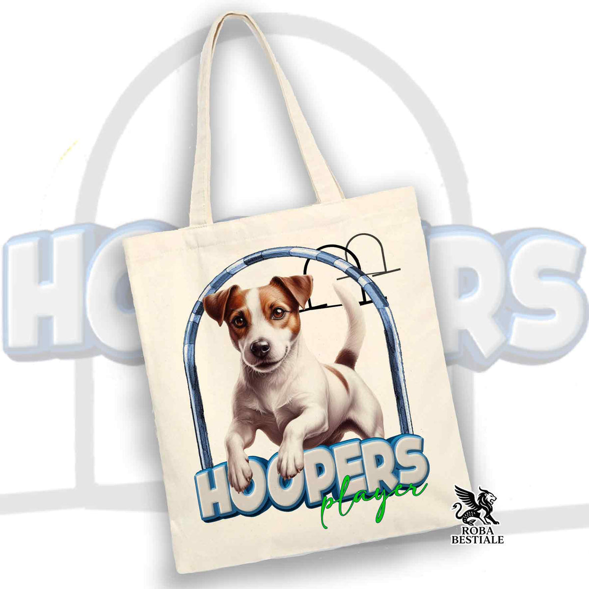 Borsa tote beige in cotone con stampa Jack Russell e scritta HOOPERS Player