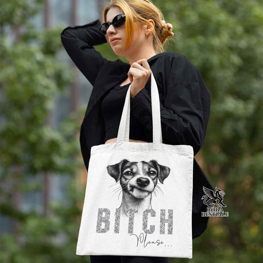 Tote Bag BI**H, PLEASE - JACK RUSSELL TERRIER Smooth - dettagli GLITTER - Diversi colori disponibili, 100% Cotone