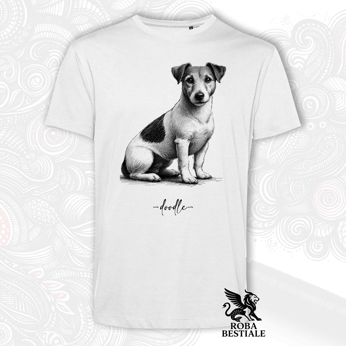 T-Shirt DOODLE - JACK RUSSELL TERRIER Smooth - Bianca o Beige, da Uomo o da Donna - dalla XS alla 5XL