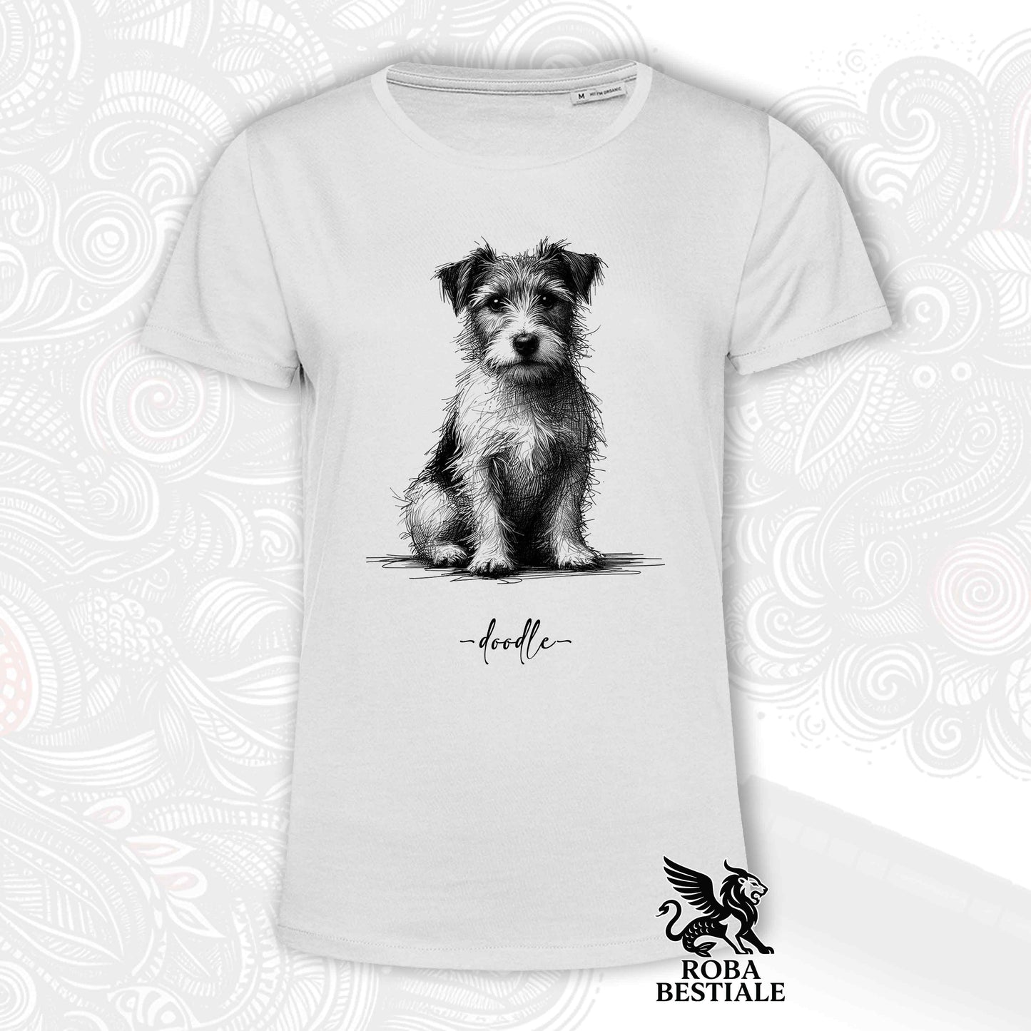 T-Shirt DOODLE - Rough-Haired JACK RUSSELL TERRIER - White or Beige, Men's or Women's - from XS to 5XL