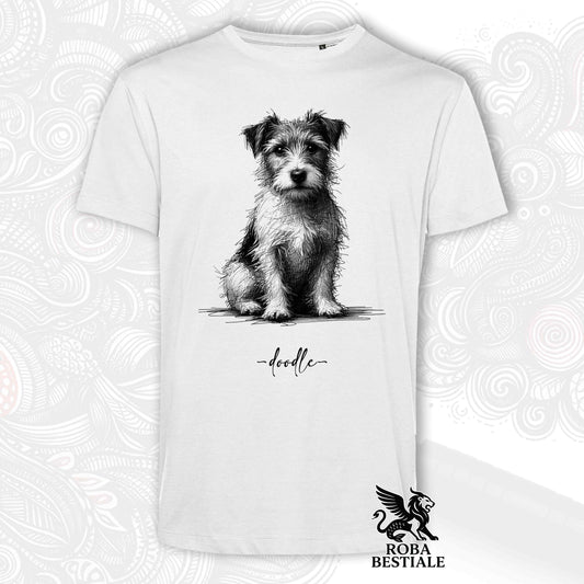 T-Shirt DOODLE - JACK RUSSELL TERRIER a Pelo Ruvido - Bianca o Beige, da Uomo o da Donna - dalla XS alla 5XL
