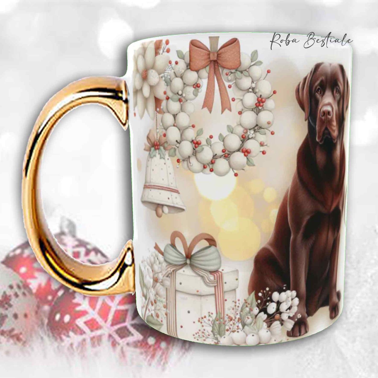 Tazza COZY WINTER - LABRADOR RETRIEVER Cioccolato - In Ceramica, con manico color Oro - 330 ml
