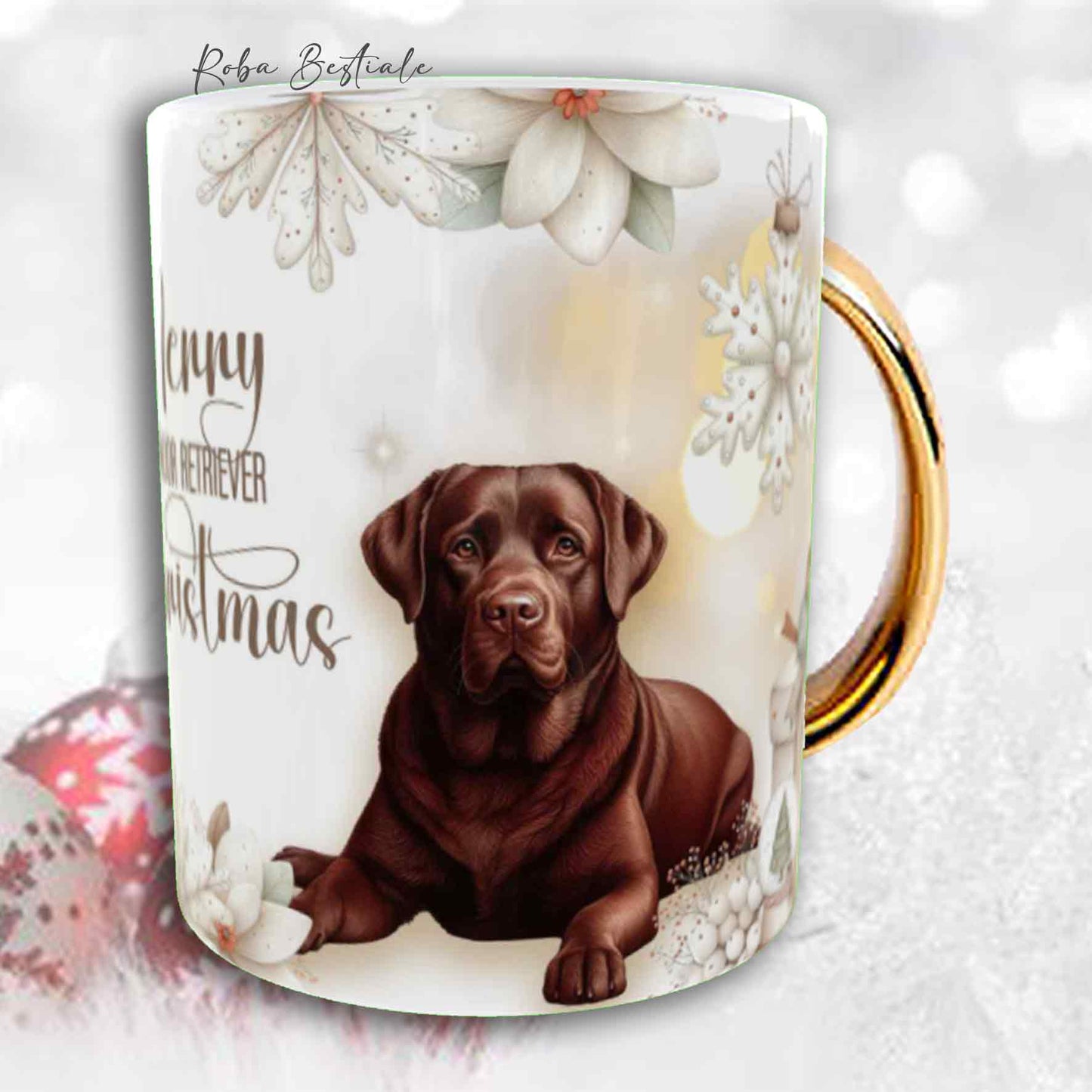 Tazza COZY WINTER - LABRADOR RETRIEVER Cioccolato - In Ceramica, con manico color Oro - 330 ml