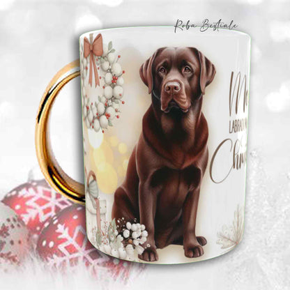 Tazza COZY WINTER - LABRADOR RETRIEVER Cioccolato - In Ceramica, con manico color Oro - 330 ml