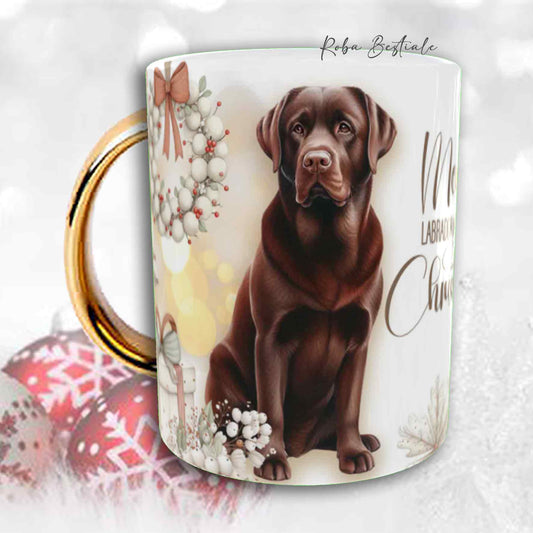 Tazza COZY WINTER - LABRADOR RETRIEVER Cioccolato - In Ceramica, con manico color Oro - 330 ml