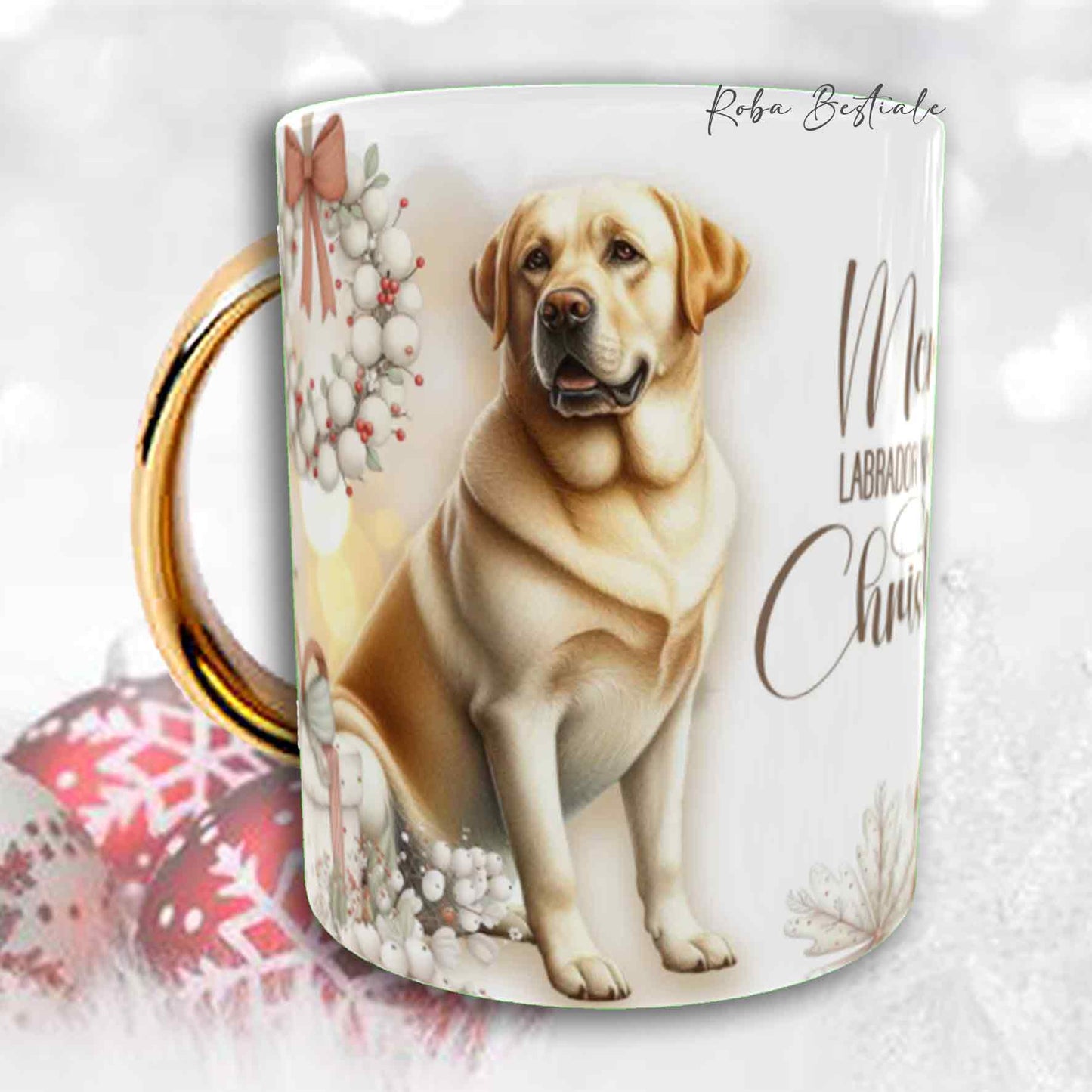 Tazza COZY WINTER - LABRADOR RETRIEVER Giallo - In Ceramica, con manico color Oro - 330 ml