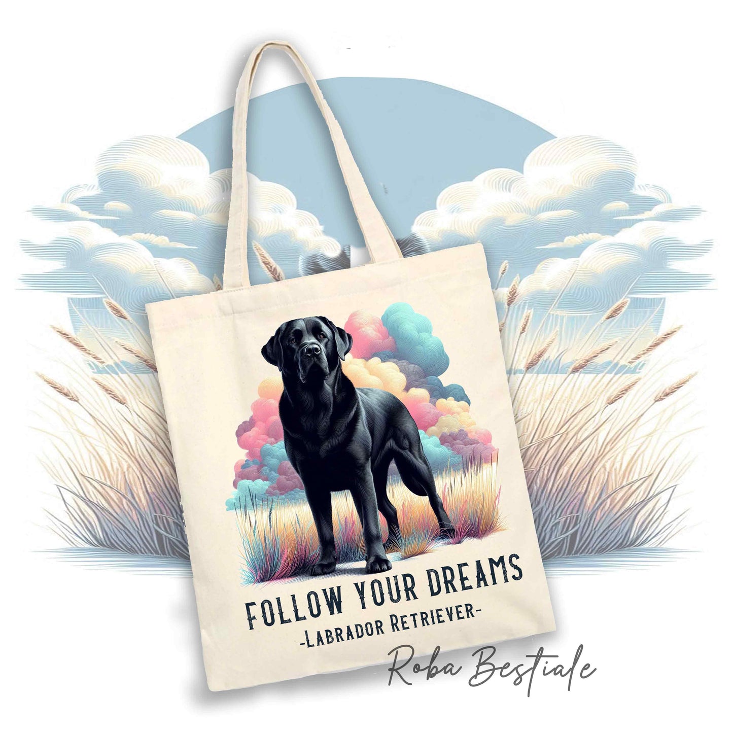 Shopper QUOTES "DREAM" - LABRADOR RETRIEVER Nero - Diversi colori disponibili, 100% Cotone