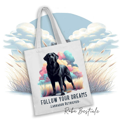 Shopper QUOTES "DREAM" - LABRADOR RETRIEVER Nero - Diversi colori disponibili, 100% Cotone