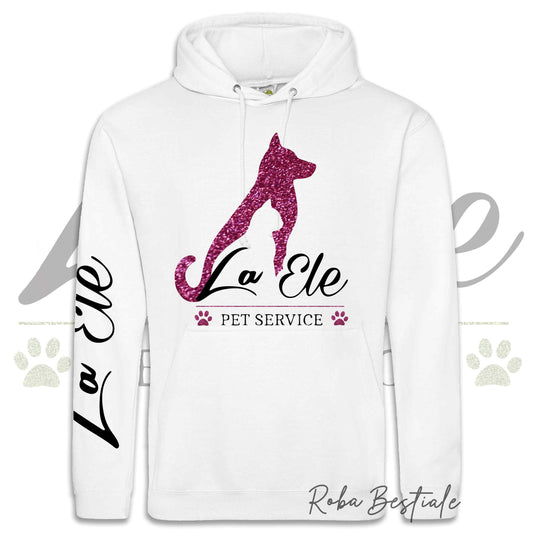 Felpa Invernale LA ELE - Pet Service - Logo GLITTER PINK - Nera o Bianca, con Cappuccio - dalla XS alla 5XL