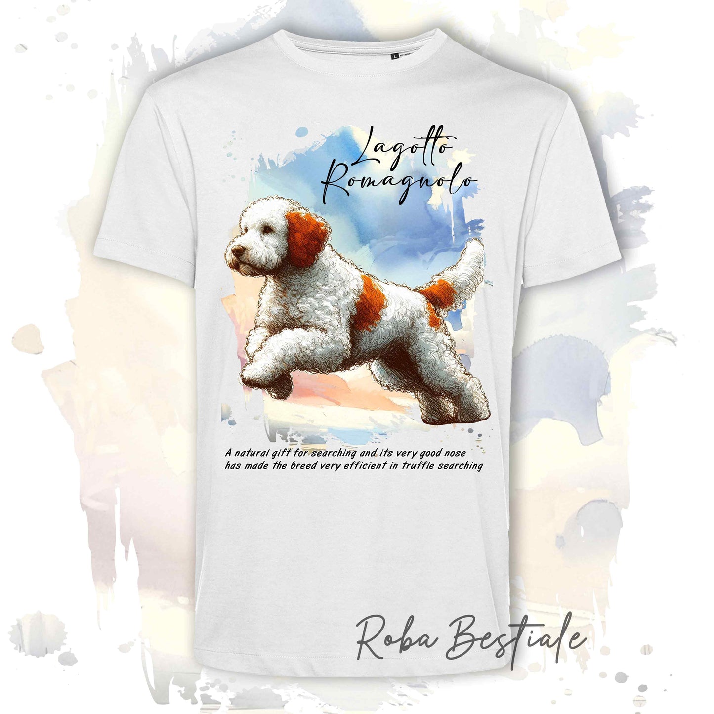 T-Shirt BEHAVIOR - LAGOTTO ROMAGNOLO Bianco e Arancio - Standard FCI - 100% Cotone, Bianca, Uomo o Donna - dalla XS alla 5XL