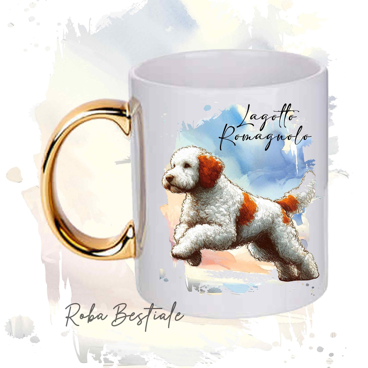 Tazza BEHAVIOR - LAGOTTO ROMAGNOLO Bianco e Arancio - Standard FCI - In Ceramica, con manico dorato - 330 ml