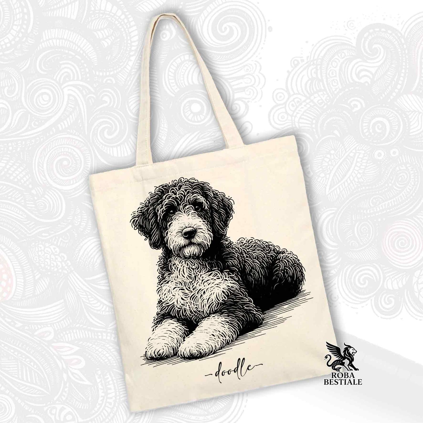 Tote Bag DOODLE Elegance - LAGOTTO ROMAGNOLO di diversi colori - 100% Cotone - Bianca o Beige