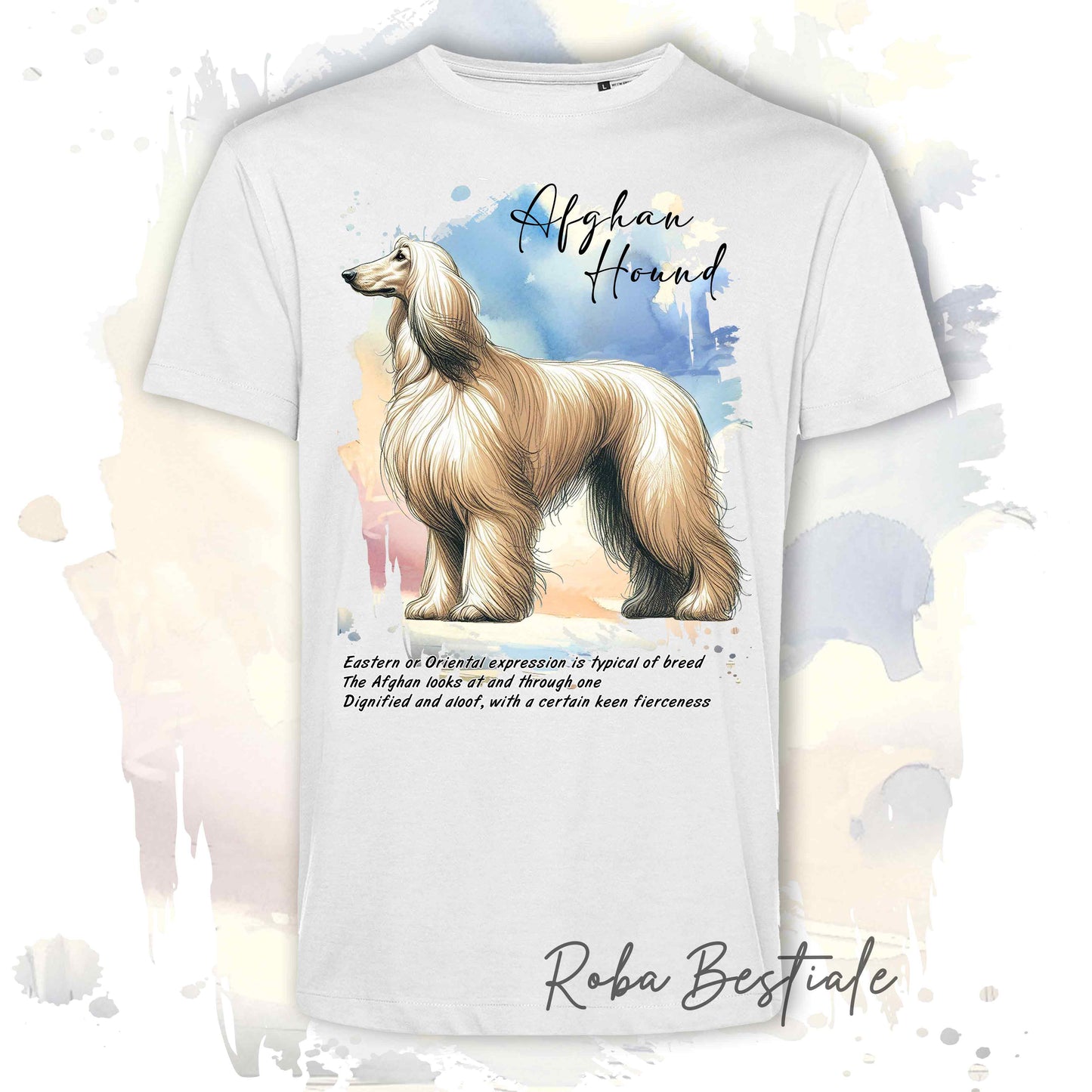 T-Shirt BEHAVIOR - LEVRIERO AFGANO Crema - Standard FCI - 100% Cotone, Bianca, Uomo o Donna - dalla XS alla 5XL