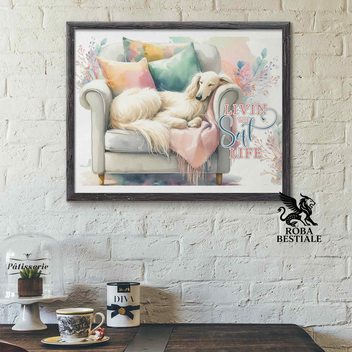 Quadretto SOFT LIFE - LEVRIERO AFGANO Crema - Con cornice in legno, formato A4