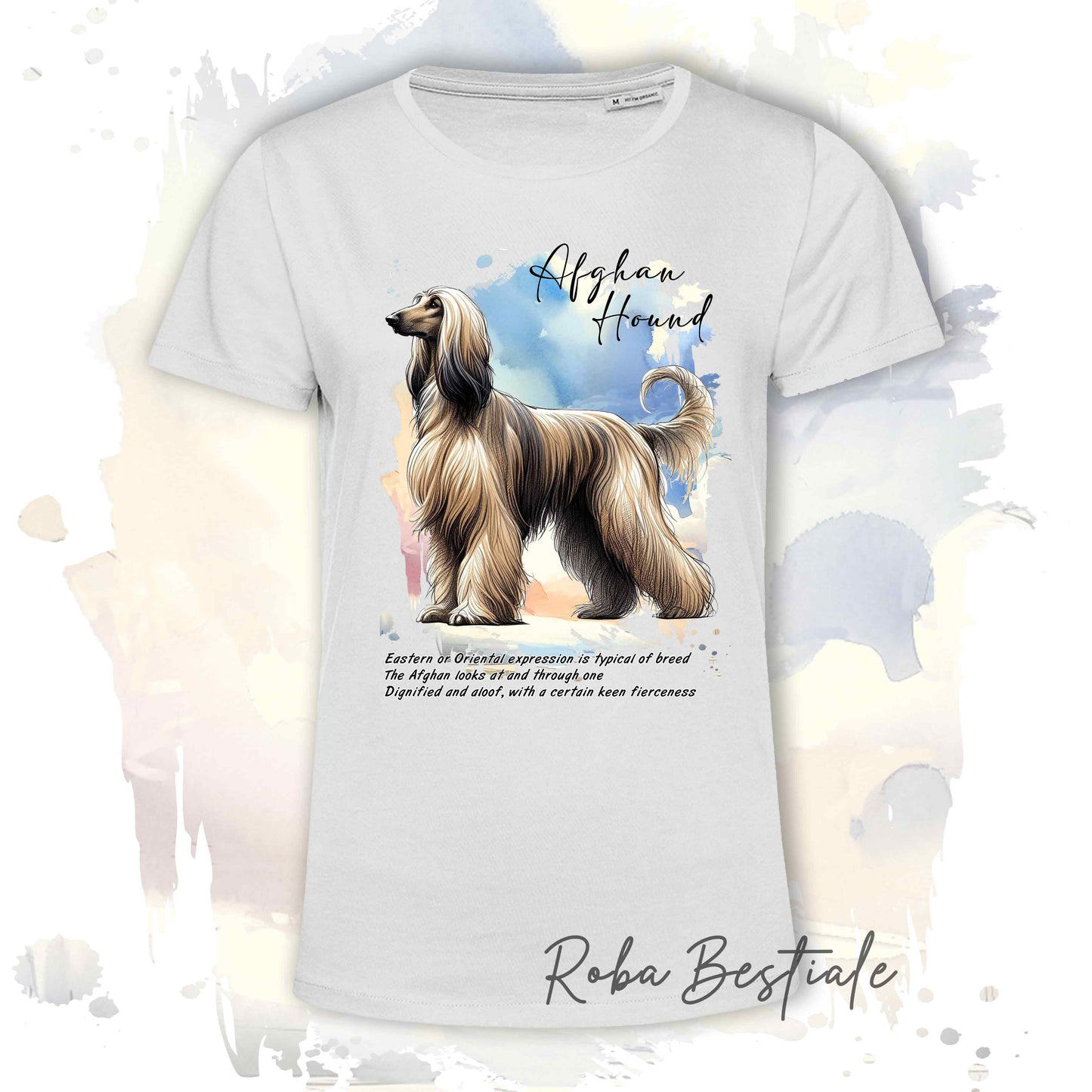 T-Shirt BEHAVIOR - LEVRIERO AFGANO Zibellino - Standard FCI - 100% Cotone, Bianca, Uomo o Donna - dalla XS alla 5XL
