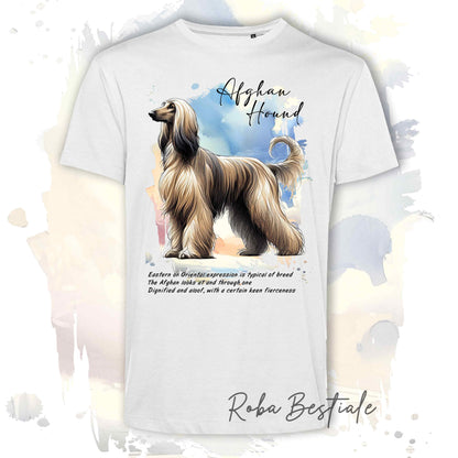 T-Shirt BEHAVIOR - LEVRIERO AFGANO Zibellino - Standard FCI - 100% Cotone, Bianca, Uomo o Donna - dalla XS alla 5XL