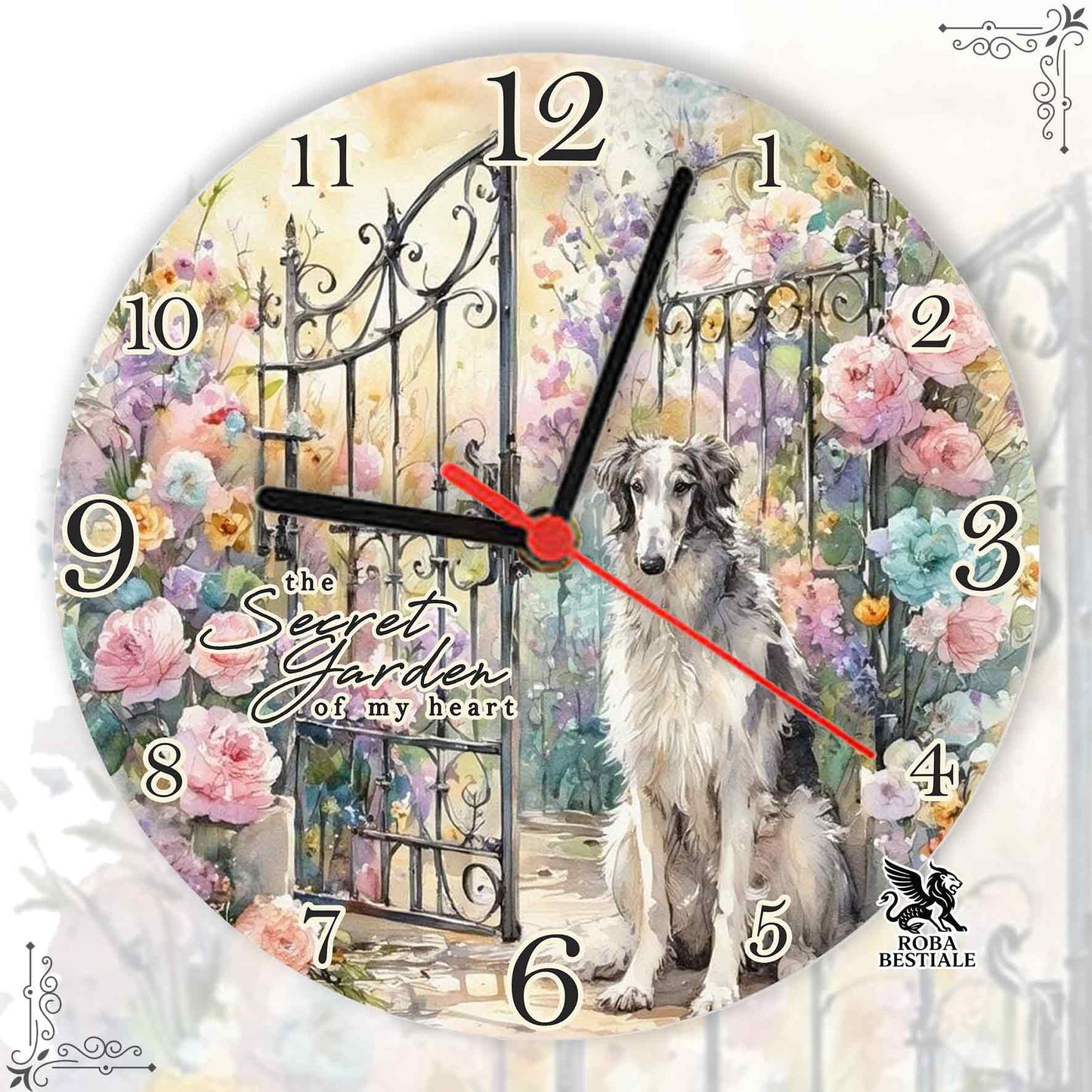 Orologio da Muro SECRET GARDEN - LEVRIERO RUSSO - BORZOI Bianco e Grigio - in MDF - diametro 20 o 30 cm