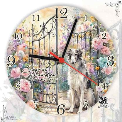 Orologio da Muro SECRET GARDEN - LEVRIERO RUSSO - BORZOI Bianco e Grigio - in MDF - diametro 20 o 30 cm