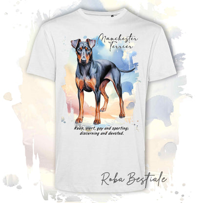 T-Shirt BEHAVIOR - MANCHESTER TERRIER - Standard FCI - 100% Cotone, Bianca, Uomo o Donna - dalla XS alla 5XL