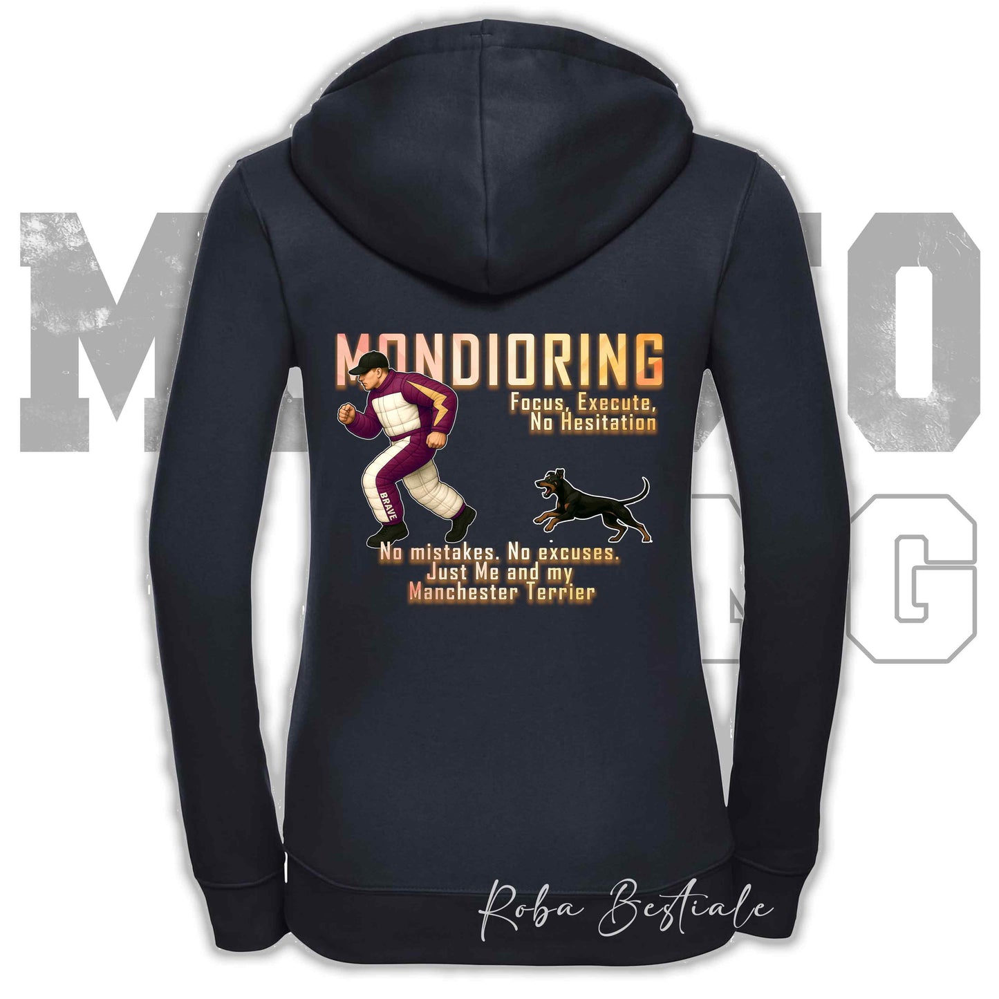 Felpa MONDIORING Chase! - MANCHESTER TERRIER - Cappuccio e Zip, Uomo o Donna, in tanti colori - dalla XS alla 5XL