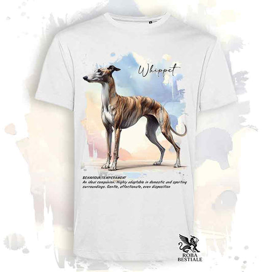 Maglietta con un Whippet tigrato, modello da uomo, colore bianco con grafica Behavior