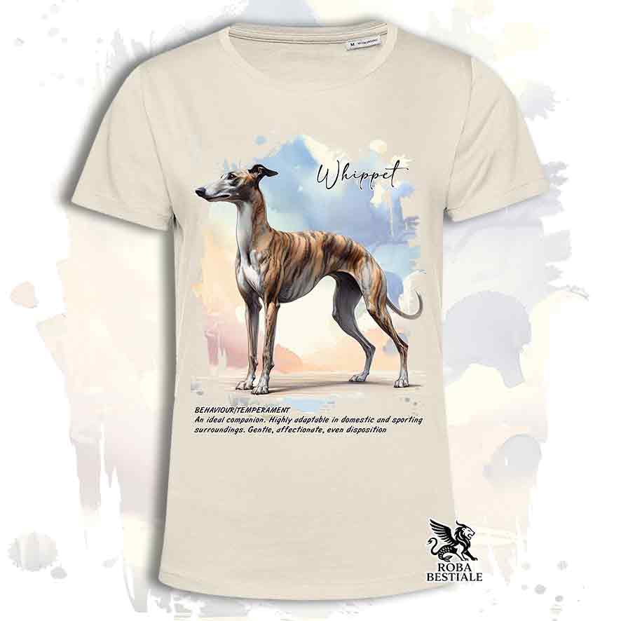 Maglietta con un Whippet tigrato, modello da donna, colore off white con grafica Behavior