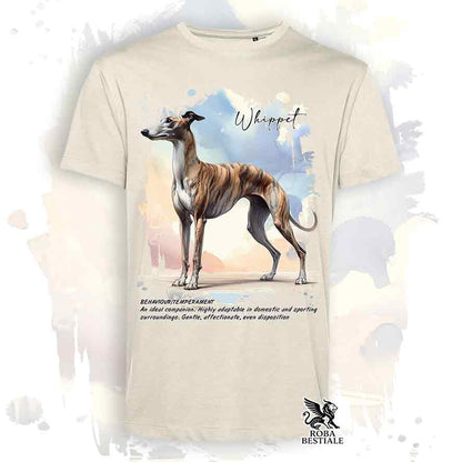 Maglietta con un Whippet tigrato, modello da uomo, colore off white con grafica Behavior