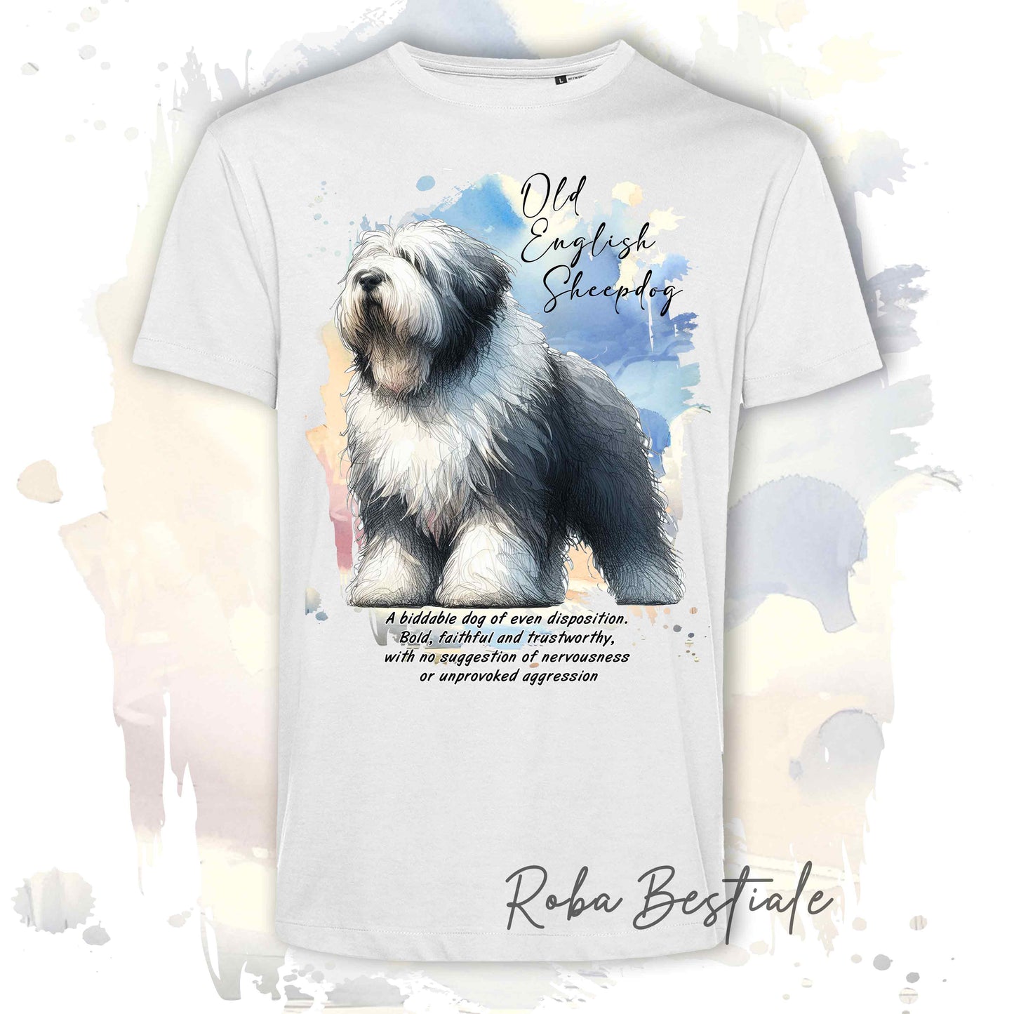 T-Shirt BEHAVIOR - OLD ENGLISH SHEEPDOG - Standard FCI - 100% Cotone, Bianca, Uomo o Donna - dalla XS alla 5XL