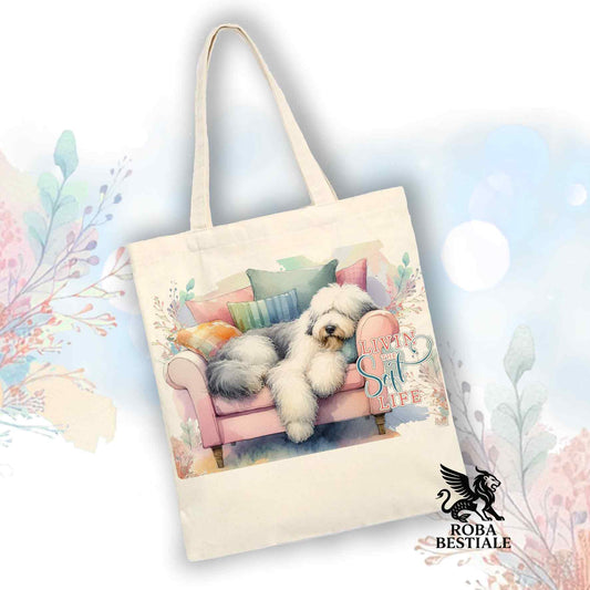 Tote Bag SOFT LIFE - OLD ENGLISH SHEEPDOG - 100% Cotone - Bianca o Beige