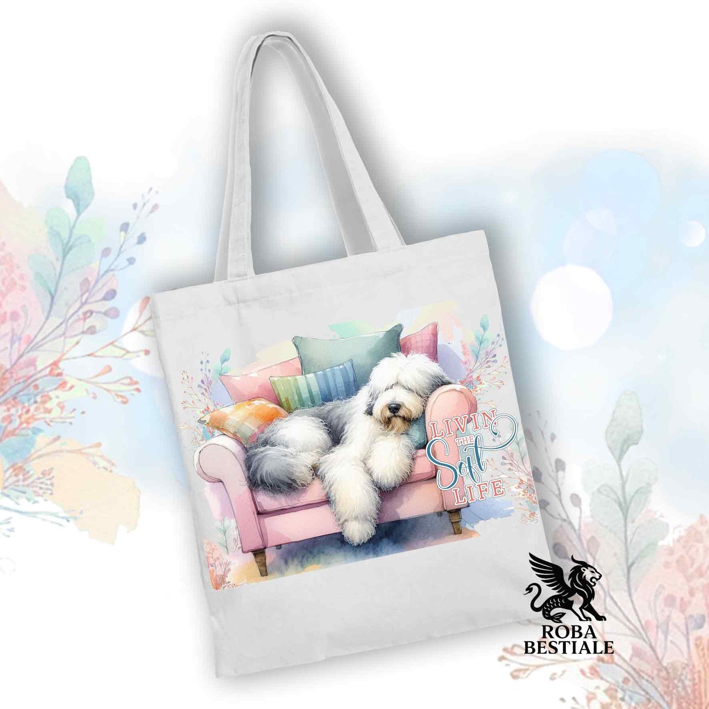 Tote Bag SOFT LIFE - OLD ENGLISH SHEEPDOG - 100% Cotone - Bianca o Beige