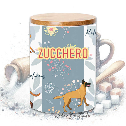 Barattolo ZUCCHERO - PASTORE BELGA MALINOIS - In Ceramica, Tappo in legno con guarnizione