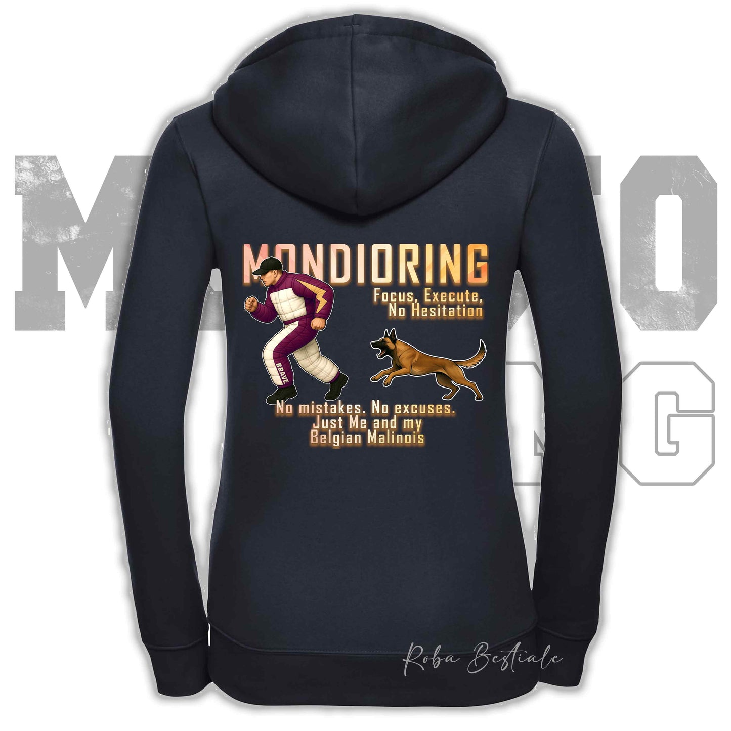 Felpa MONDIORING Chase! - PASTORE BELGA MALINOIS - Cappuccio e Zip, Uomo o Donna, in tanti colori - dalla XS alla 5XL