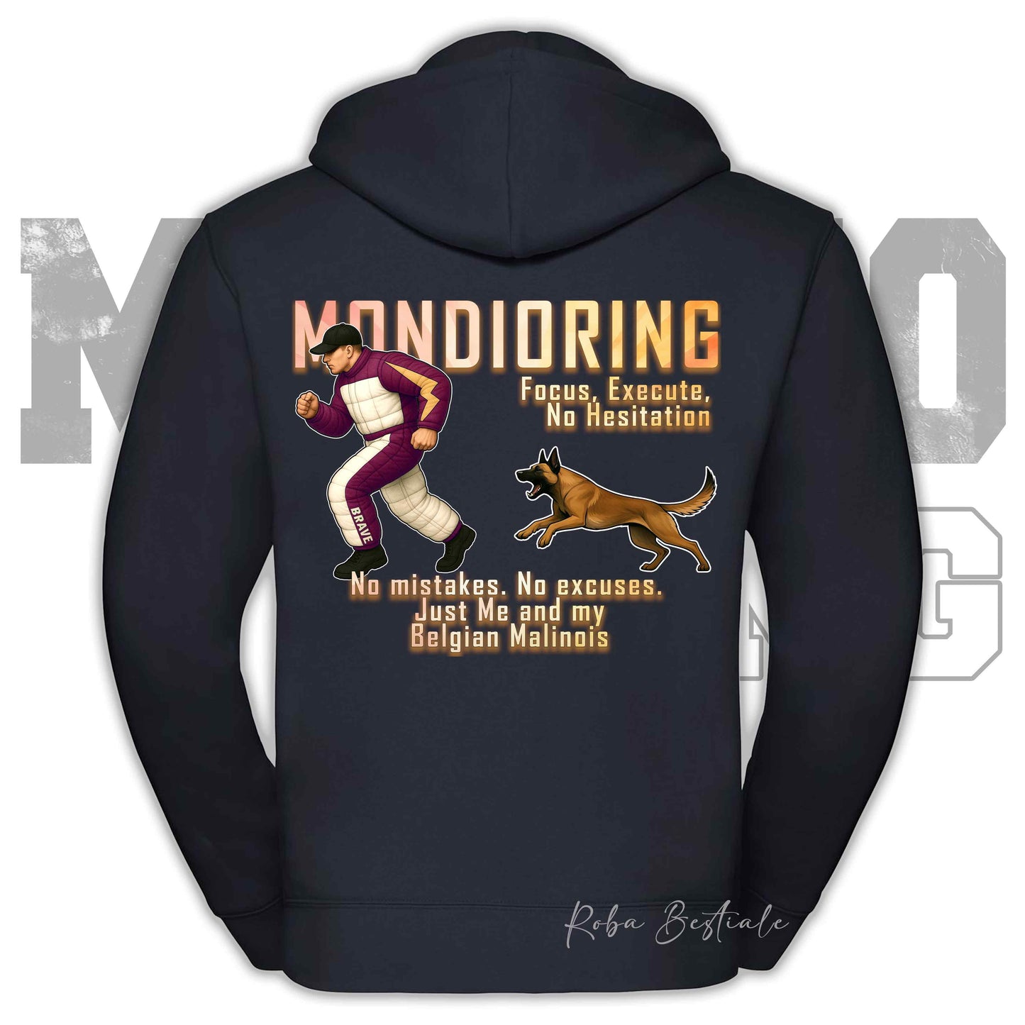 Felpa MONDIORING Chase! - PASTORE BELGA MALINOIS - Cappuccio e Zip, Uomo o Donna, in tanti colori - dalla XS alla 5XL