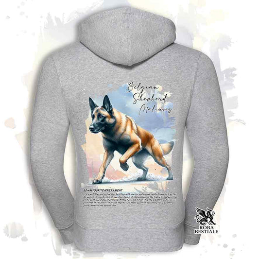 Felpa BEHAVIOR - PASTORE BELGA MALINOIS - Con Cappuccio e Full Zip, Uomo o Donna, bianca o grigia - dalla XS alla 3XL