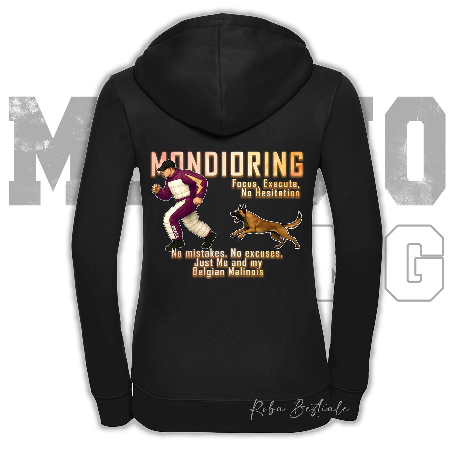 Felpa MONDIORING Chase! - PASTORE BELGA MALINOIS - Cappuccio e Zip, Uomo o Donna, in tanti colori - dalla XS alla 5XL