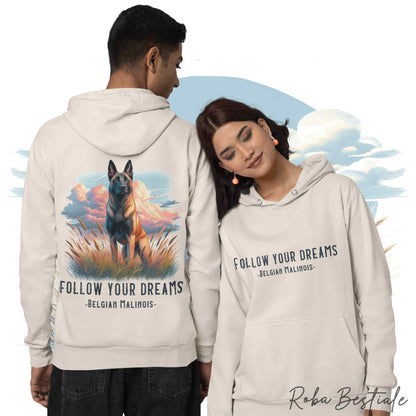 Felpa Estiva QUOTES "DREAM" - PASTORE BELGA MALINOIS - con Cappuccio, Unisex - Off White, Bianca o Grigia - dalla S alla 2XL
