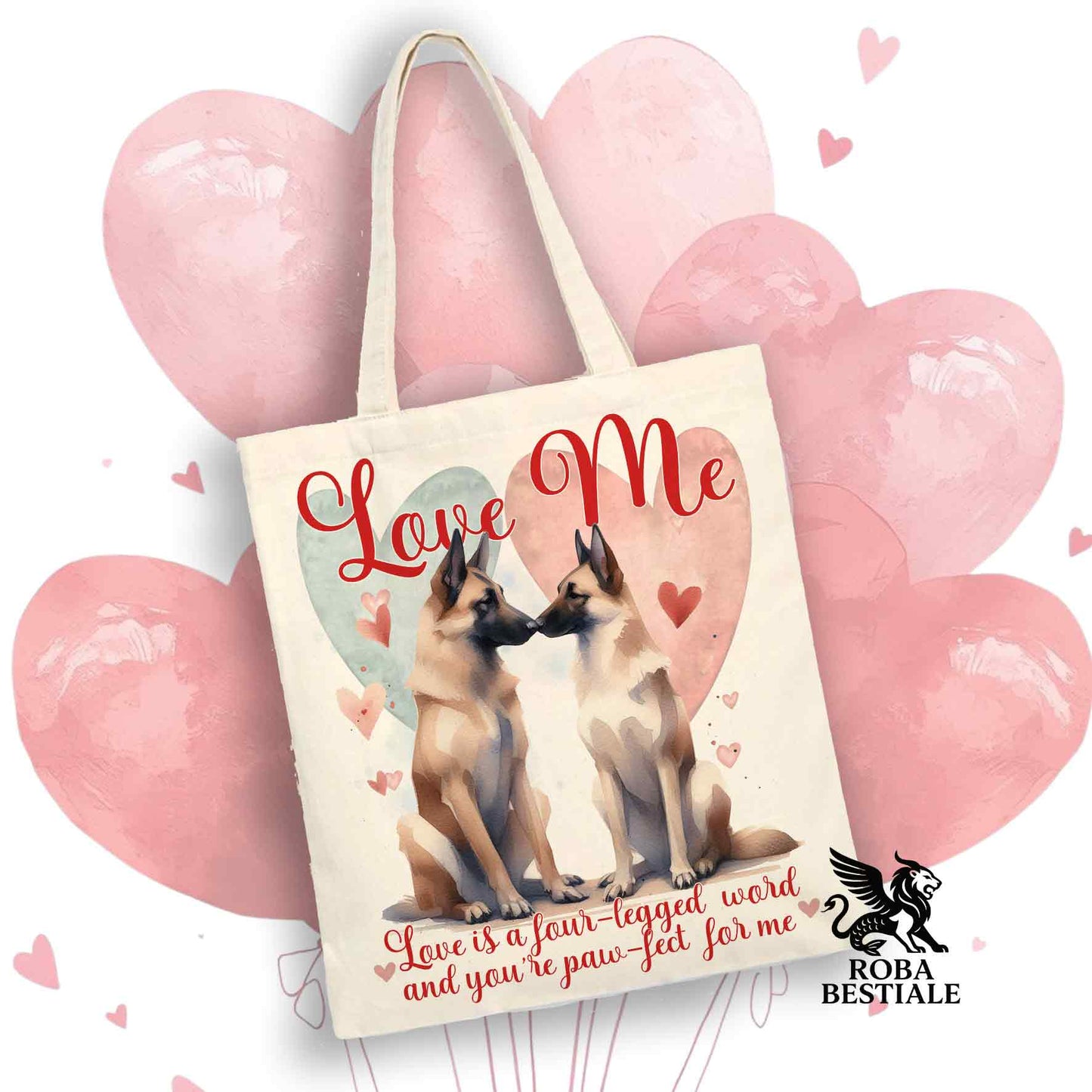 Tote Bag LOVE ME - PASTORE BELGA MALINOIS - 100% Cotone - Bianca o Beige