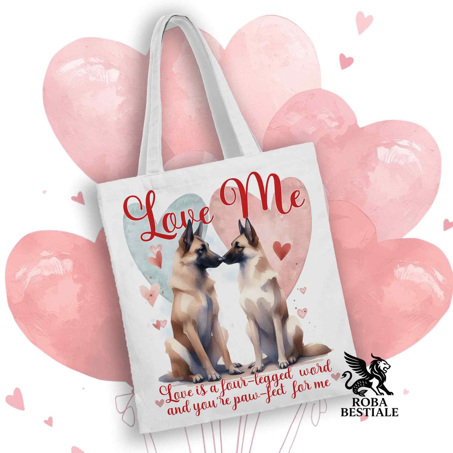 Tote Bag LOVE ME - PASTORE BELGA MALINOIS - 100% Cotone - Bianca o Beige